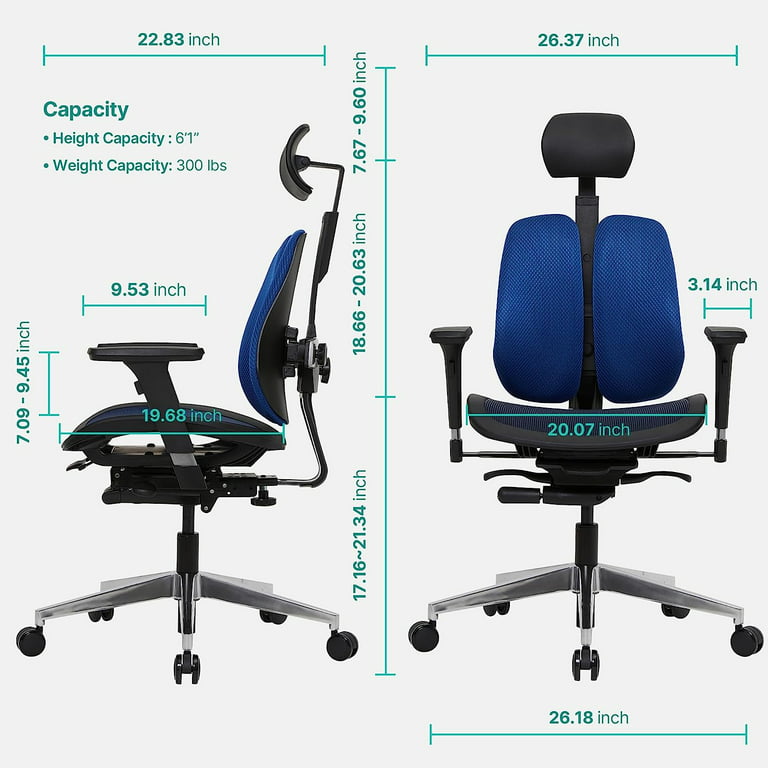 Dual-backrests] Duorest Alpha - Ergonomic Office Chair, Home Office Desk  Chairs, Executive Office Chair, Best Office Chair for Lower Back Pain, Mesh Office  Chair, Office Desk Chair (White/Blue) 