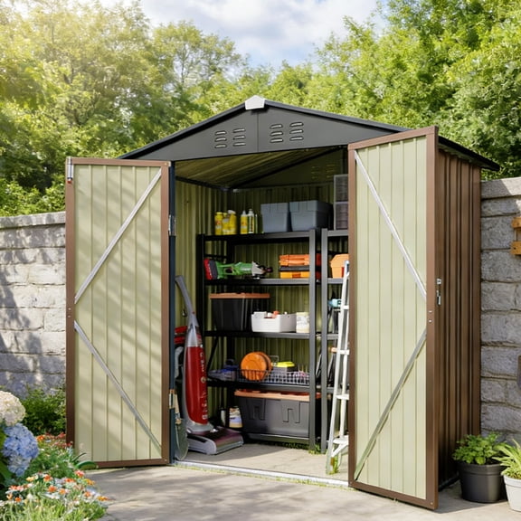 Shed 6 x 4 FT, Lofka Galvanized Metal Outdoor Storage Shed with Double Lockable Doors, Outdoor Shed for Backyard Patio Lawn, Brown