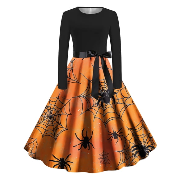Alllist Multicolor Gothic Halloween Dresses For Women Long Sleeve Crew Neck Halloween Spider Web Mid-Length Ball Gown Dresses Full Swing Flared Bow,L