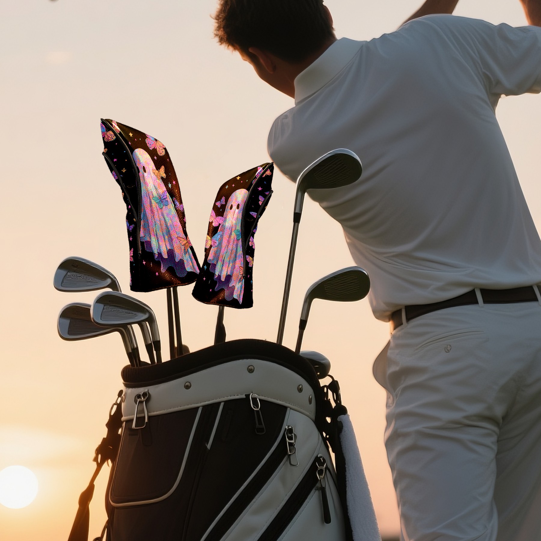 Golf Club Covers, Black GhostButterfly Premium PU Leather Driver Hybrid Putter Head Covers with Velvet Lining, Waterproof Golf Gifts for Men Women