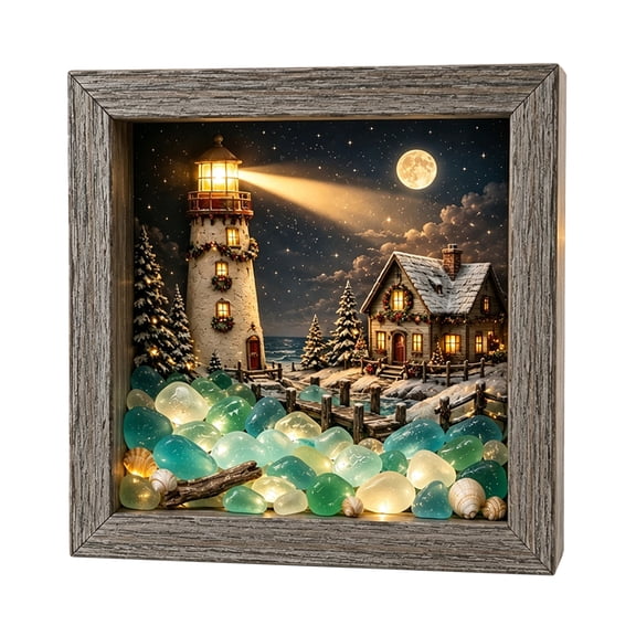 Yucurem Coastal Lighthouse Sea Glass Shadow Box Night Light, Handmade Seascape Art Frame Decorative Warm Glow for Christmas Birthday Shelf, Entryway Decor