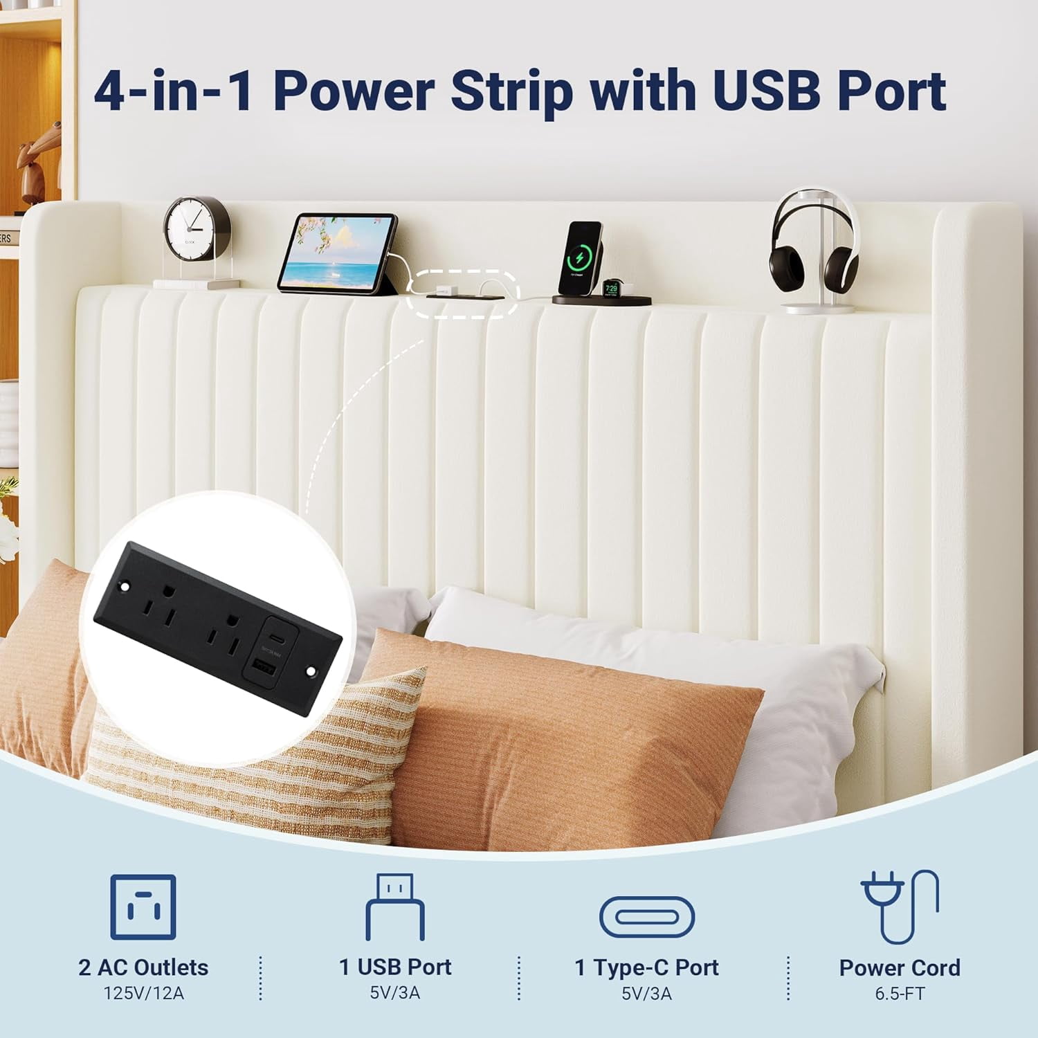 Allewie Full Size Lift Up Storage Bed Frame, Storage Shelf Headboard with Charging Station, Type-C and USB Ports, Hydraulic Support, Velvet Upholstered Bed Frame, No Box Spring Needed, Cream White