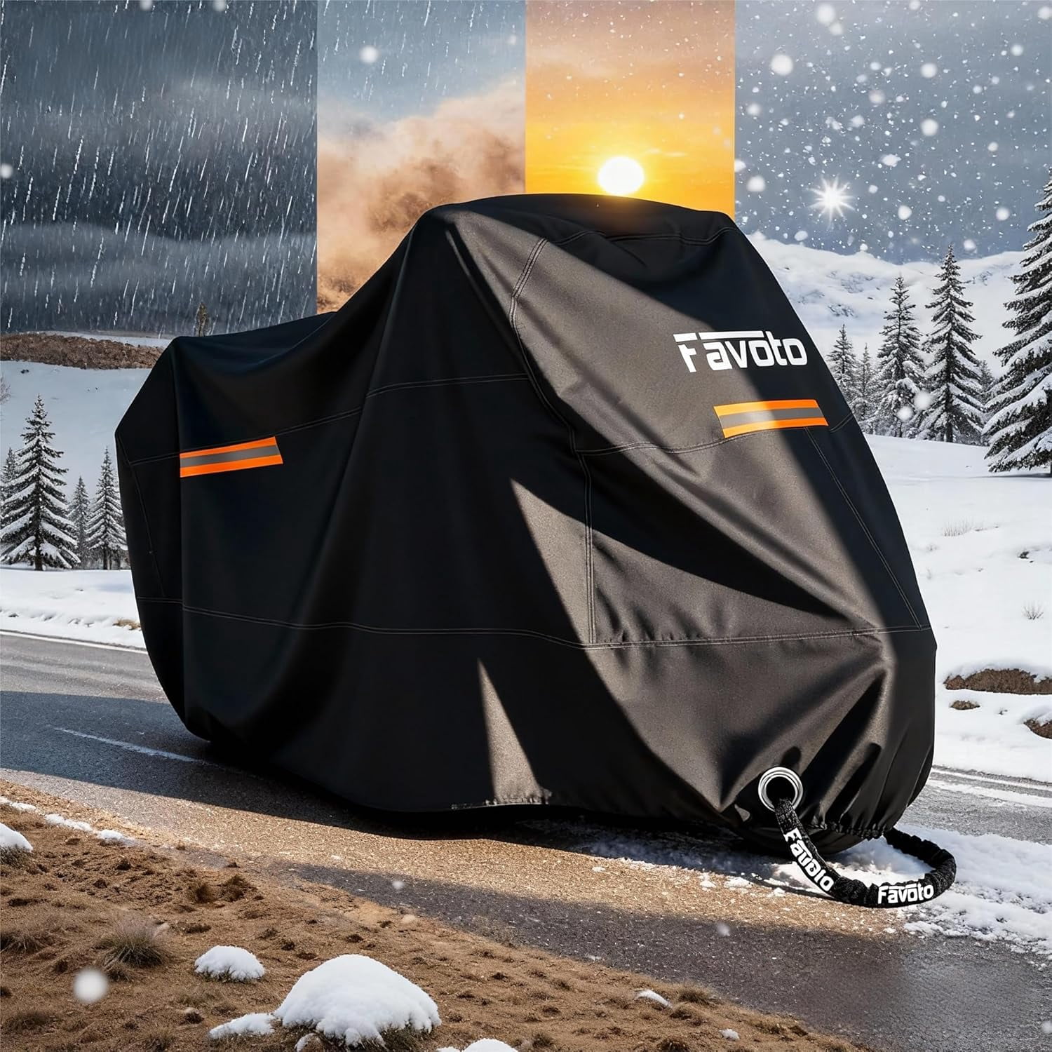 Favoto Motorcycle Cover Waterproof All Season Sun Outdoor Protection Windproof Night Reflective with Lock-Holes Storage Bag Universal Fits up to 116" Motorcycles Vehicle Motorbike Cover
