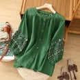 thumbnail image 2 of Endives Women's Cotton Linen Short Sleeve Blouse Loose Round Neck Tunic Summer Boho Vintage Embroidery Top Loose Breathable T Shirt Plus Size, 2 of 3