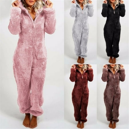 

AmShibel Womens Onesie Pajamas Thick Plush One Piece Bodysuit Sleepwear with Bear Ear Hat Long Sleeve Zipper Hooded Jumpsuit Loungewear