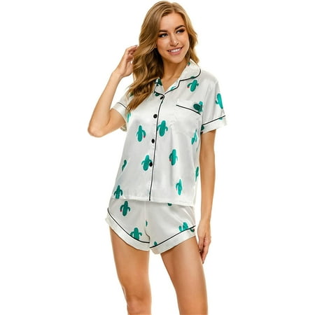 

QWZNDZG Silk Satin Pajamas Set for Women Short Sleeve Loungewear Printing with Botton 2 Pieces Sleepwear