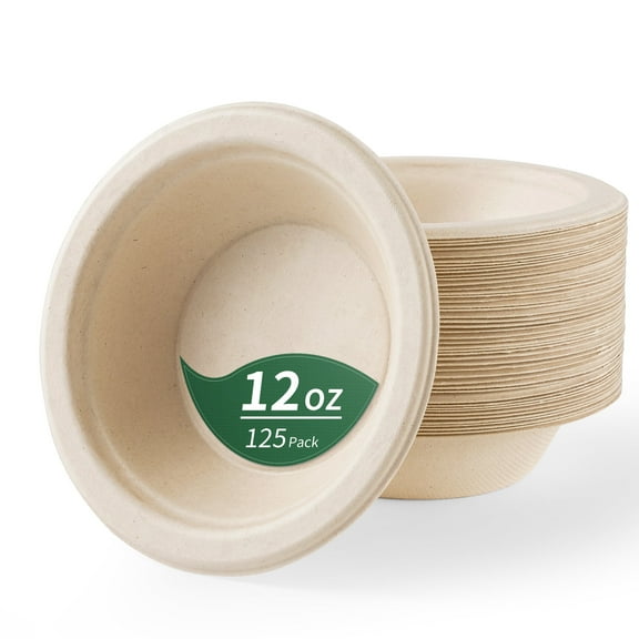 GPED 12 Oz Paper Bowls, 125 Pack Heavy Duty Disposable Bowls, Compostable Biodegradable Sugarcane Bagasse, Perfect for Soup, Salad, Dessert, Popcorn, Cereal and Milk, Natural Brown