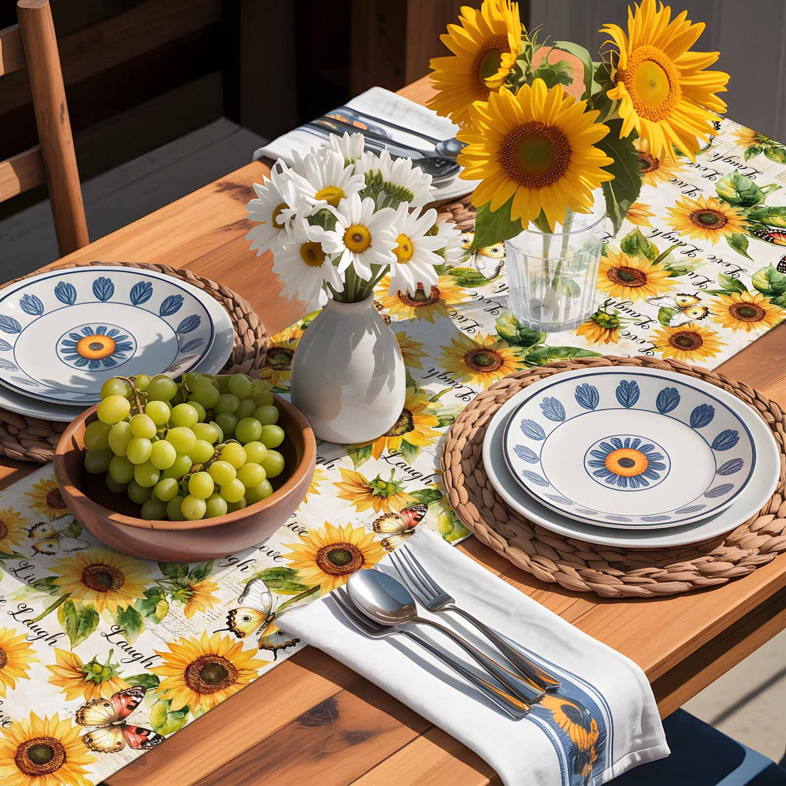 Watercolor Sunflower Butterfly Green Plants Table Runner 90 Inches Long, Blossom Floral Seamless Table Runners Tabletop Scarf Kitchen Dining Tables Decoration for Home Party Indoor Outdoor