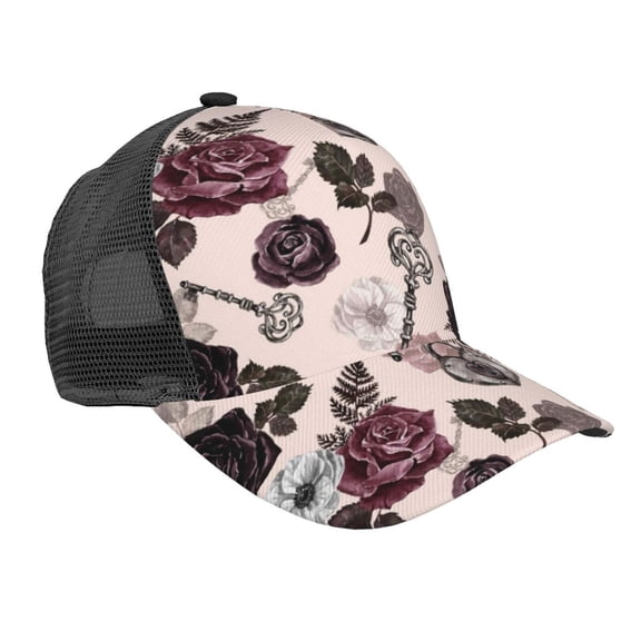 Lsque Retro Red Black Roses Printed Trucker Hat - Baseball Cap for Men Women - Breathable Mesh Side, Adjustable Fit - for Casual Wear