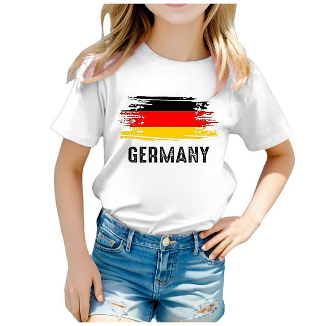 LUOGENLI T-Shirt pour Filles Enfants Drapeau de l'Allemagne Imprimé Manches Courtes Col Rond T-Shirt Floral Tendance Mode Chandail de Base Hauts Maxi Chemises pour Filles Été 2025 Blanc 8-9 Ans