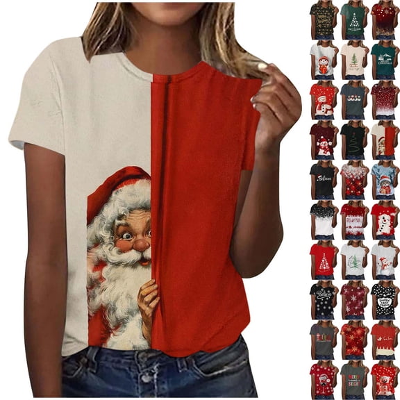 Horkkom Christmas T Shirt Short Sleeve Santa Graphic Blouse Crew Neck Pullover Xmas Shirts L, Gifts for Women