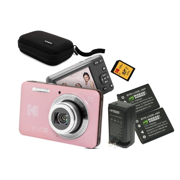 Kodak PixPro Friendly Zoom FZ55 16MP 1080p Full HD Digital Camera (Pastel Pink) Bundle with 128GB SD Card, Battery (2-Pack) and Travel Organizer (4 Items)