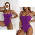 thumbnail image 4 of Traje de baño de una pieza sexy de color morado con hombros descubiertos y abertura lateral doble para mujer, 4 of 5