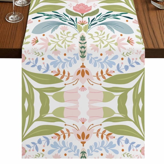 Boho Green Flower Table Runner 70 Inches Long,Botanical Watercolor Leaf Floral Cotton Linen Table Runners Dresser Scarves,Decorative Tabletop Scarf Furniture Cover for Home Dinner Party 13"x70"