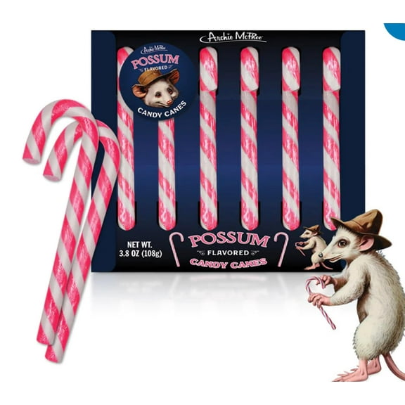 Archie McPhee Possum Flavored Pink & Gray Striped Candy Canes - Novelty Christmas Candy - Stocking Stuffers - Christmas Candy Canes - Gift Box of 6 pieces Fun Novelty Candy Canes…