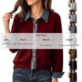 thumbnail image 4 of Fengqque Women’s Denim Collar Button Down Cardigan Sweaters Long Sleeve Cuffed Denim Trim Loose Fit Outerwear Tops Silver Free Size, 4 of 6