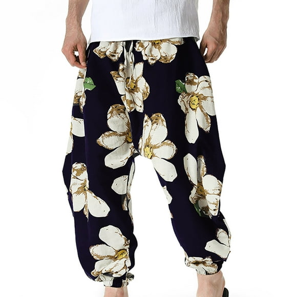 Virmaxy Men's Yoga Pants Haren Fashion Retro Printed Crotch Hanging Pants Mid Waist Linen Lantern Pants Black-A S
