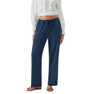 Wide Leg Pants for Women Elastic Waist Drawstring Cotton Linen Pants Casual Loose Fit Lounge Trousers with Pockets