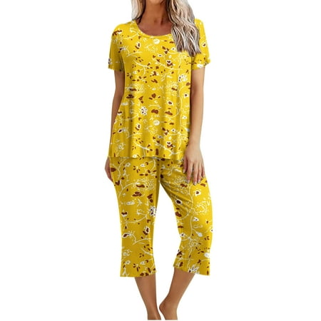 

Kukoosong Summer Saving Clearance! Two Piece Outfits for Women Pajamas for Women Solid Color Round Neck Short Sleeve Sleepshirt and Pants Sets Loungewear Pajamas with Pockets Yellow S