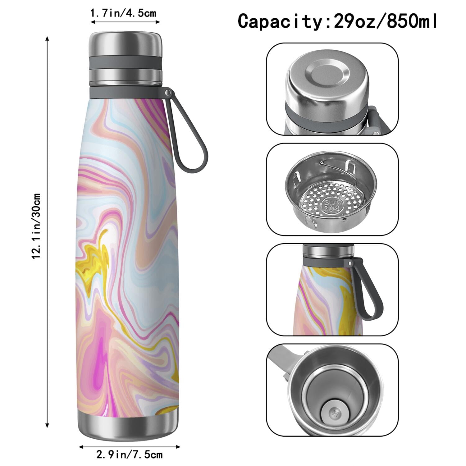 29oz Insulated Water Bottle with Tea Infuser, Stainless Steel Travel Mug, Liquid & Marble Print