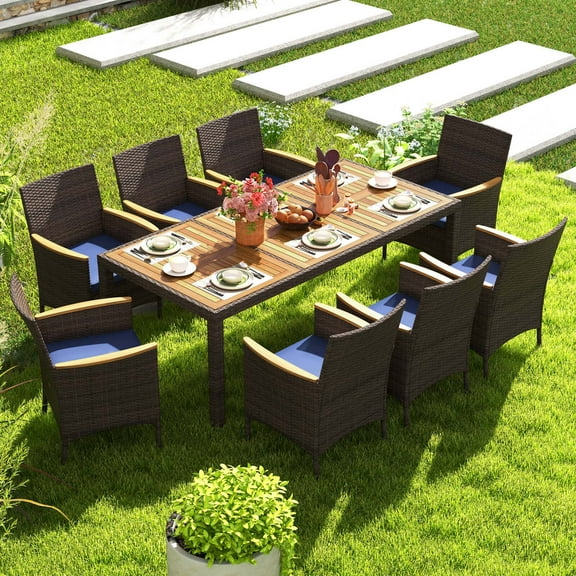 Costway 9PCS Outdoor Dining Set with Acacia Wood Table Top Patio Dining Set for 8 People Navy
