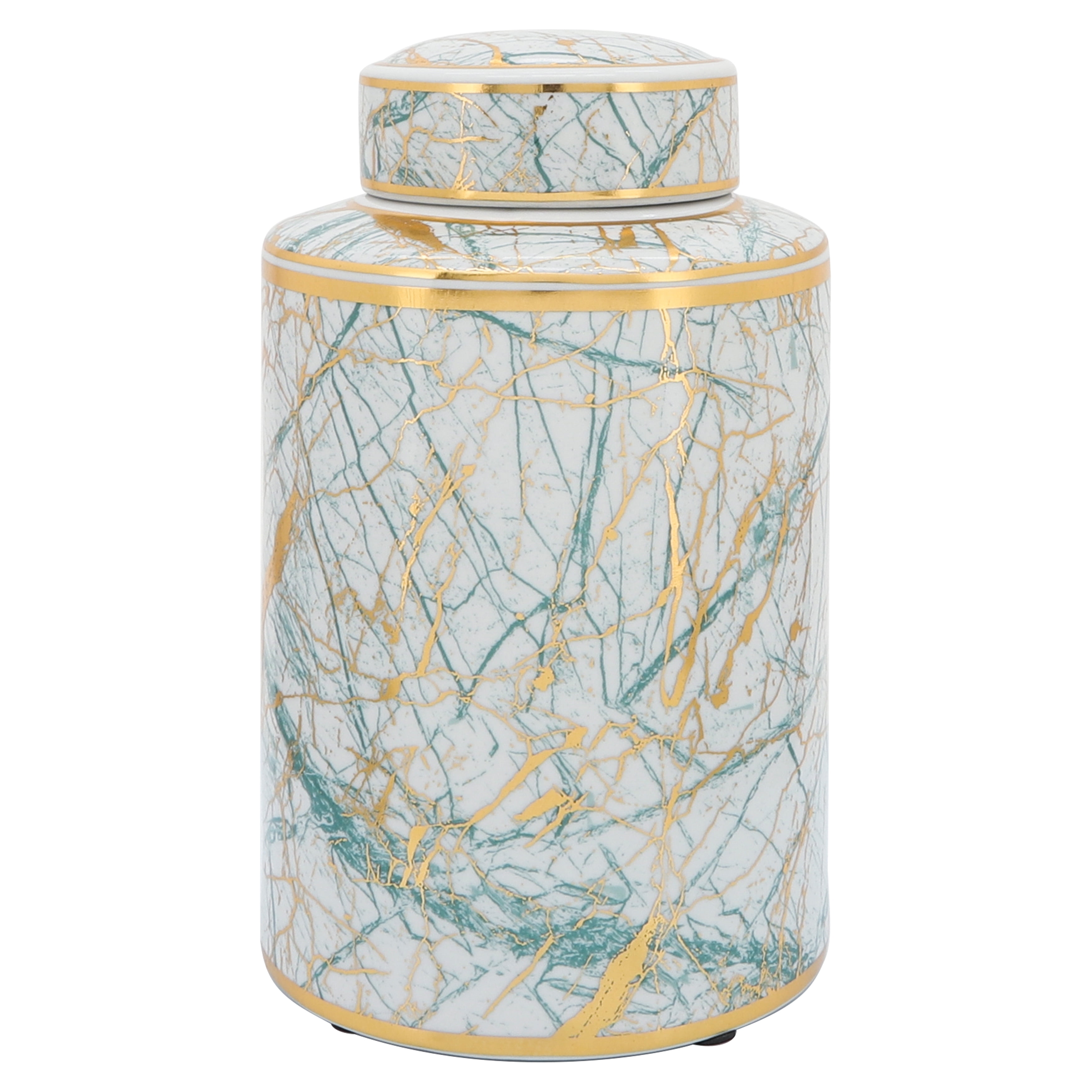 Green and Gold Ceramic 12" Decorative Jar with Lid
