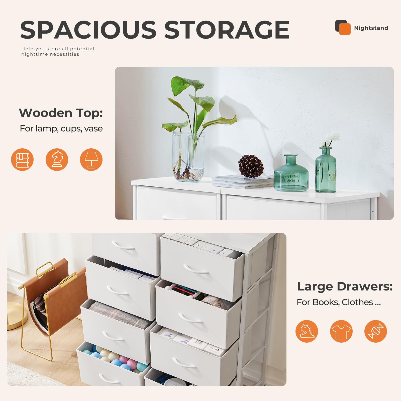 Telyra 8-Drawer Fabric Dresser Tall Storage Tower with Wood Top and Steel Frame Bedroom Closet Organizer, White