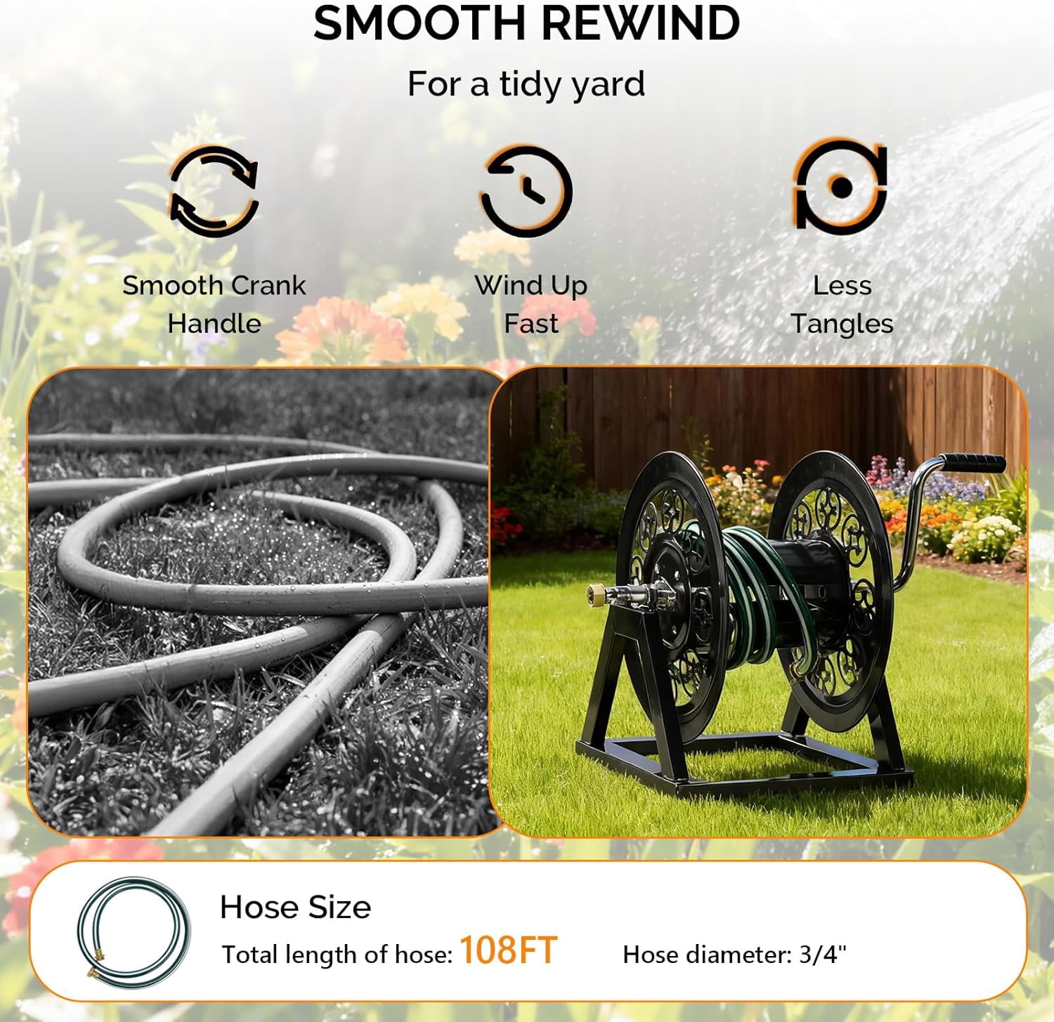 CHTER Decorative Hose Reel, Wall Mount Water Hose Reel for Garden Outside with Heavy Duty Portable Rolling Design Metal, 108FT Capacity for 3/4" Hose for Outdoor Use (Black)