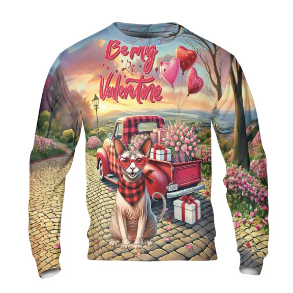 Be My Valentine's Sphynx Truck Full of Love Flower Balloon All Over Print 3D Sweatshirt Unisex Merch Cat Lover Kitten Owner Gifts Idea - 02029