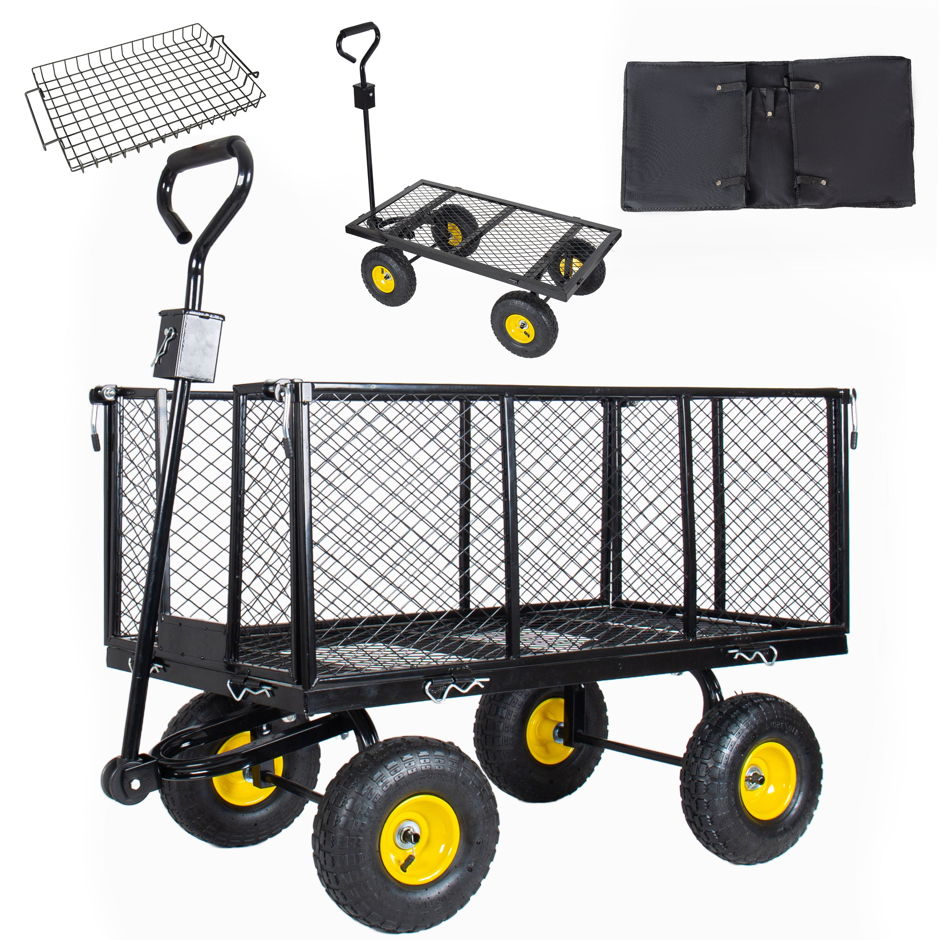 3 in 1 Oversized Steel Garden Cart, 880lbs Pullable Mesh Metal Garden Cart, All-Terrain Utility Cart with Removable Liner & Side Panels & Mesh Tray for Outdoor Lawn, Patio and Landscaping, Black