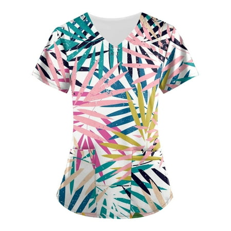 

Yubatuo Women Plus Size Scrubs Top with Pockets V-Neck Short Sleeve Flower Print Work Blouse for Women White M