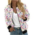 thumbnail image 2 of Ftwytp Women Floral Print Bomber Jacket Full Zip Slim Fit Long Sleeve Hoodless Lightweight Baseball Jacket Coat Casual Sweatshirts Jacket Leisure Coats, 2 of 5