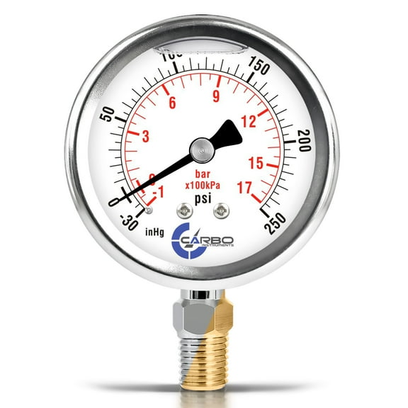CARBO Instruments 2 1-2" Pressure Gauge, Stainless Steel Case, Chrome Plated Brass Connection, Liquid Filled, Compound Vacuum -30 Hg - 0 - 250 psi Lower Mount 1/4" NPT