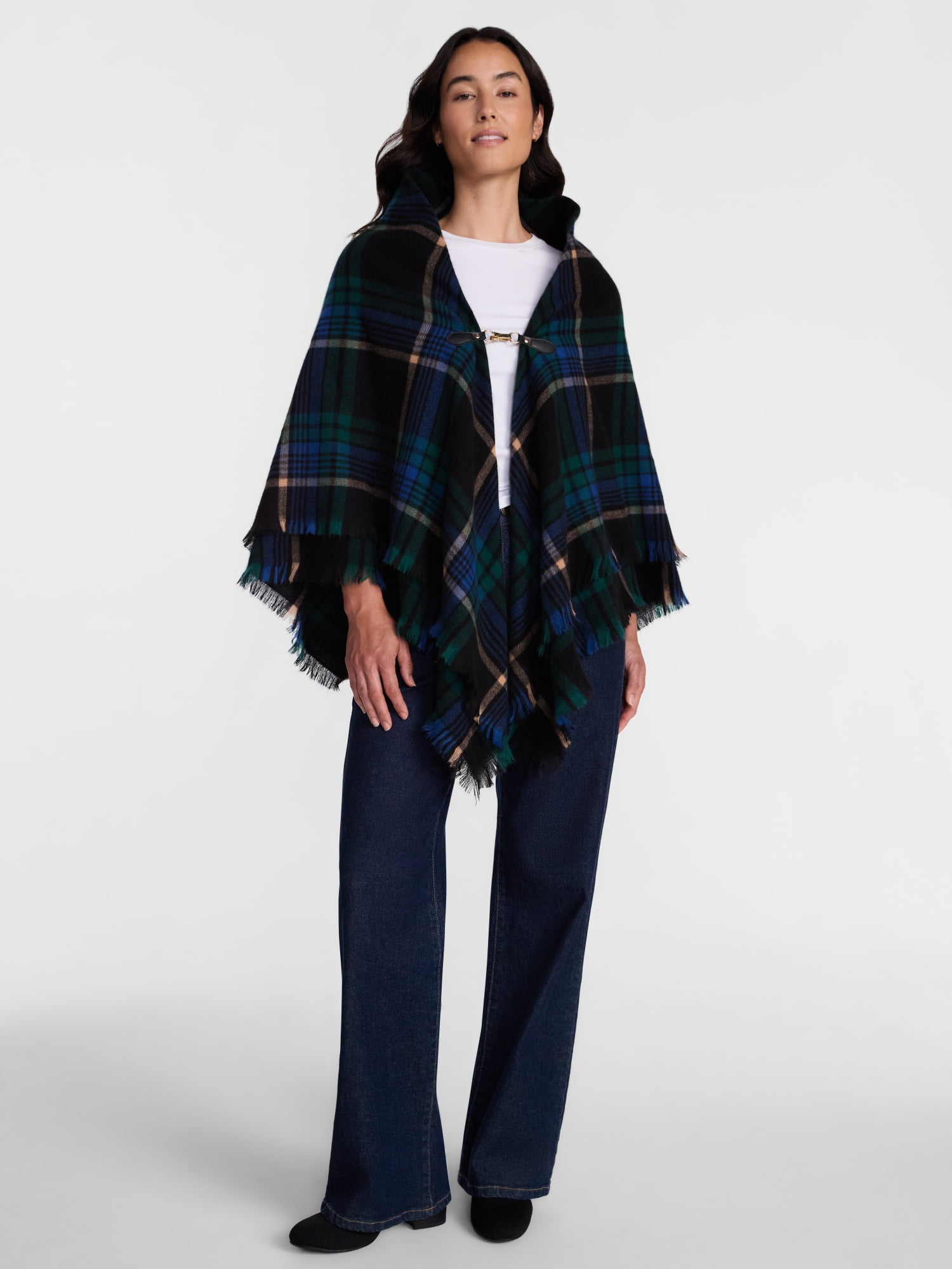 Time and Tru Women's Plaid Poncho with Clasp, Sizes S/M-L/XL