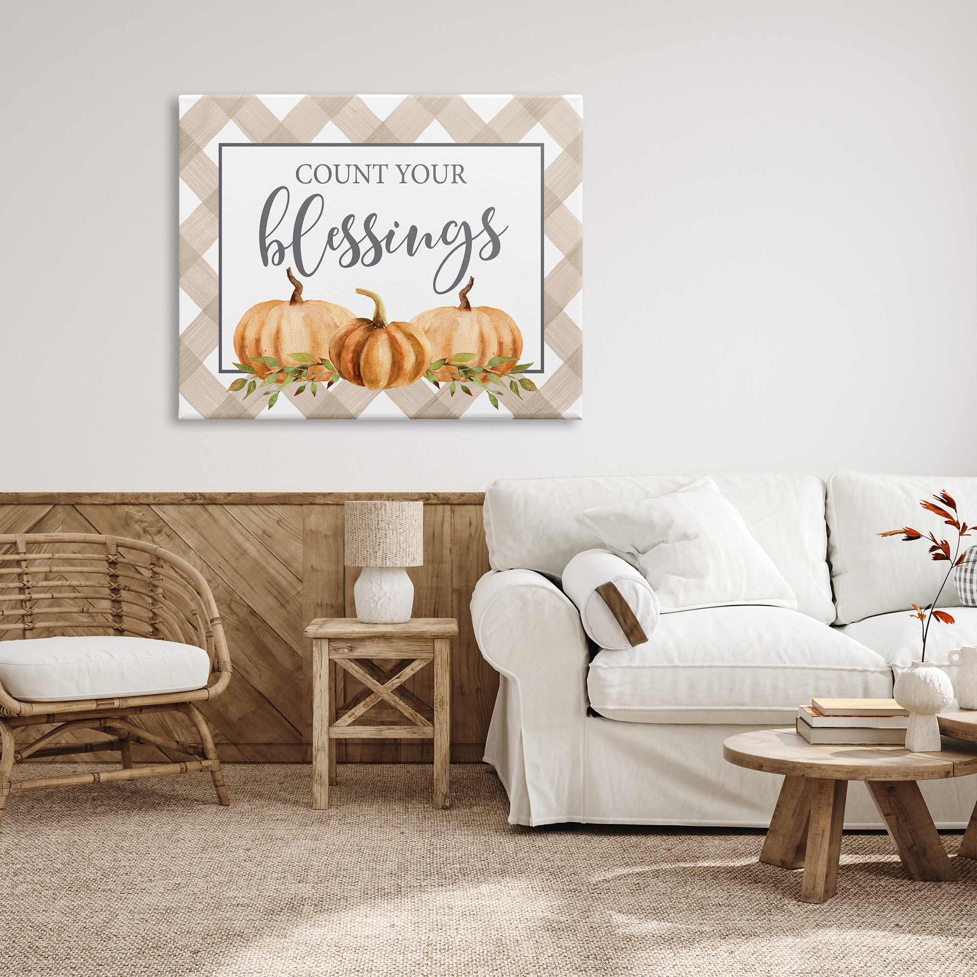 Stupell Industries Count Your Blessings Thankful Pumpkin Tartan Design Graphic Art Gallery Wrapped Canvas Print Wall Art, Design by Lettered and Lined