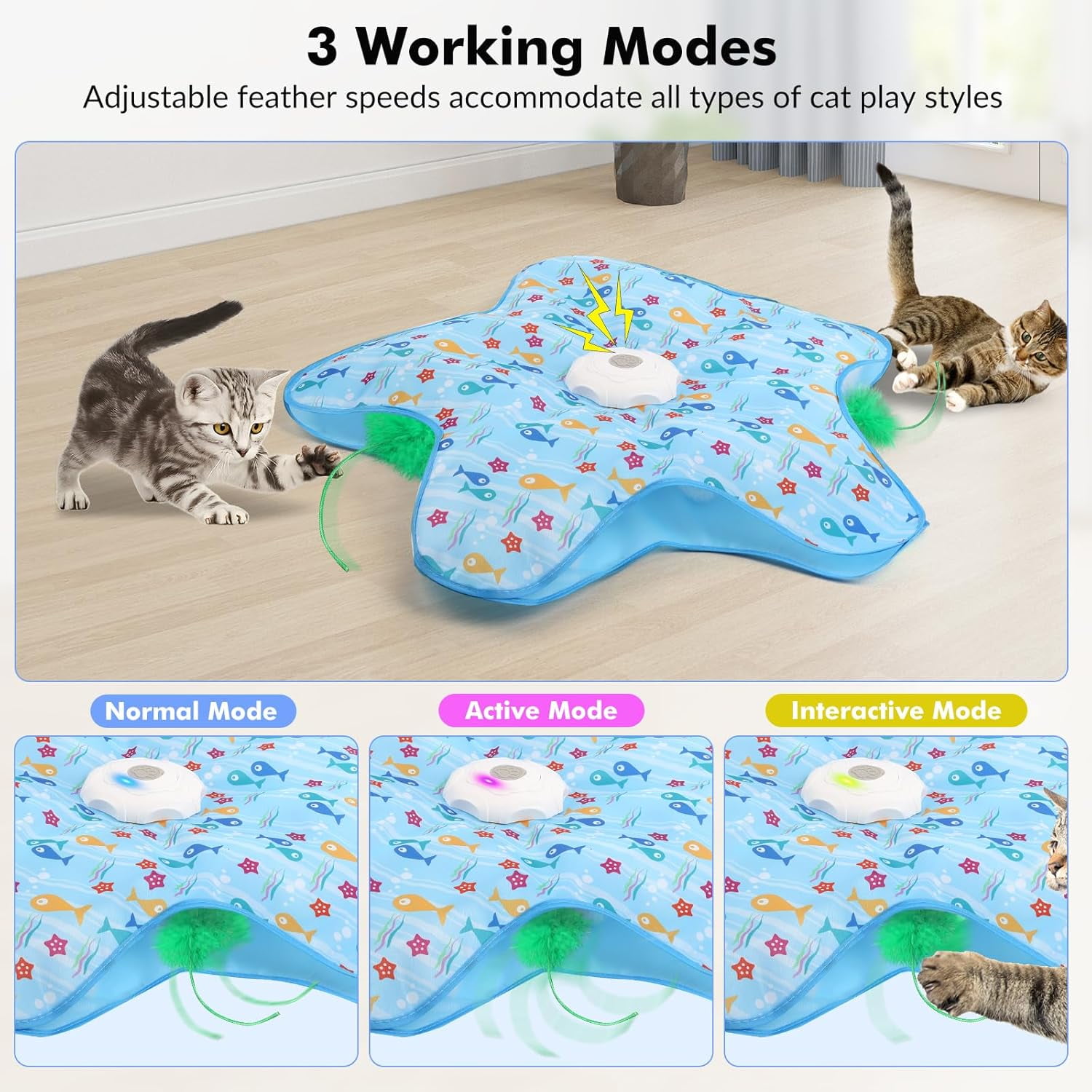 Interactive Cat Toys for Indoor，[Newly Upgraded] Rechargeable Touch Activated Hide and Seek Kitten Toys With Moving Concealed Feathers & Mouse Squeaky.(Blue)