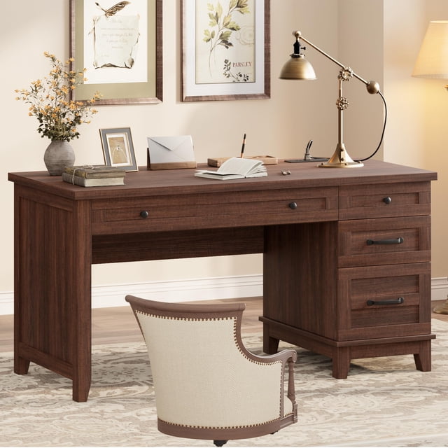 QinaQin Farmhouse-Style Office Desk with Charging Station and File Drawers | 53.5-Inch Wooden Computer Desk with Built-In USB Ports for An Executive Computer Workspace In a Home Office
