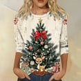thumbnail image 2 of WTOBBY Women's Casual Round Neck 3/4 Sleeve Loose Printed T-Shirt with Christmas Theme, Women's Holiday Season Top for Daily Wear, Comfortable Fashion Blouse,Beige L, 2 of 6