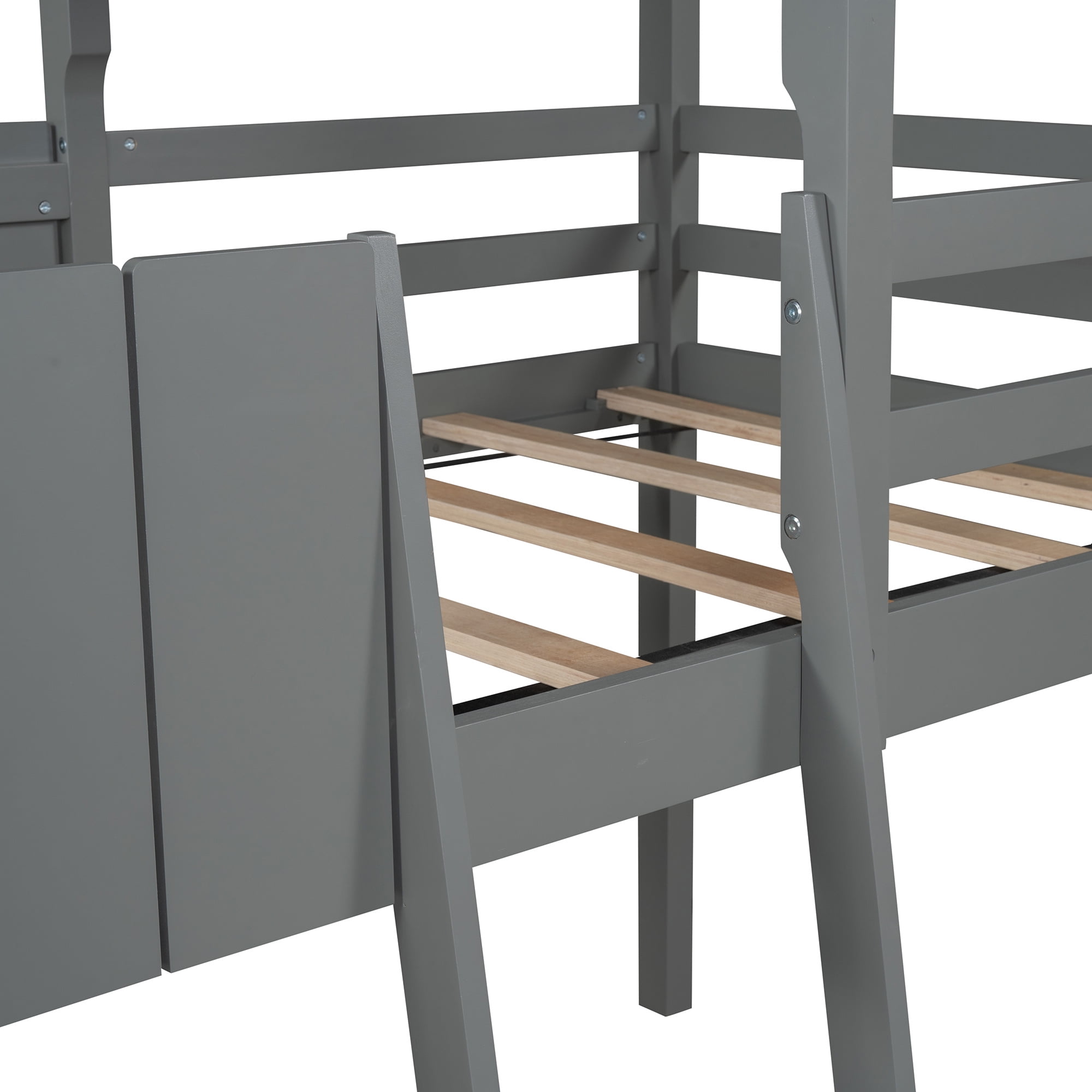 Modern Twin Size Loft Bed Wood Bed with Roof, Guardrail & Ladder, Toddler House Bed Bedroom Furniture, Space-Saving Wood Bed Frame, Under Bed Storage, No Box Spring Needed (Gray)
