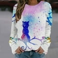 thumbnail image 2 of IROINNID Women's Long Sleeve Sweatshirt Round Neck Mid-Length Print Loose Shirts Cat Tops Regular Pullover, Blue, 2 of 5