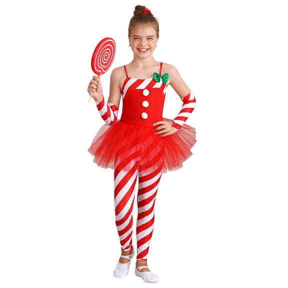Doomiva Girl's Christmas Candy Cane Striped Mesh Tutu Unitard Dance Costume Camisole Jumpsuit Red 14