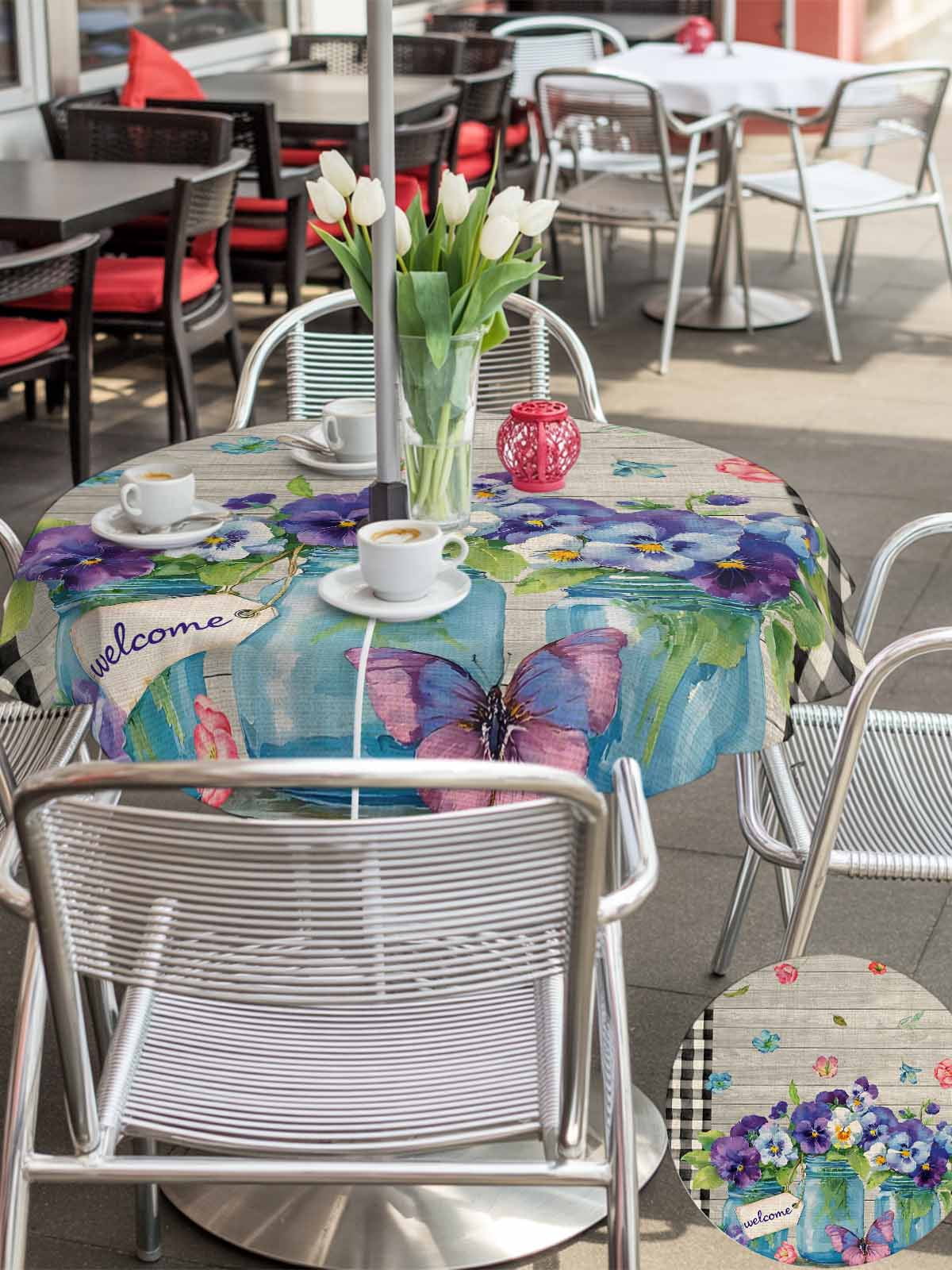 Hello Spring Outdoor Tablecloth - 54 Inch Round Dining Table Cover, Pastoral Purple Bottle Floral Wooden Plaid Waterproof Outdoor Table Cloth with Umbrella Hole & Zipper for Picnic/Patio/Party