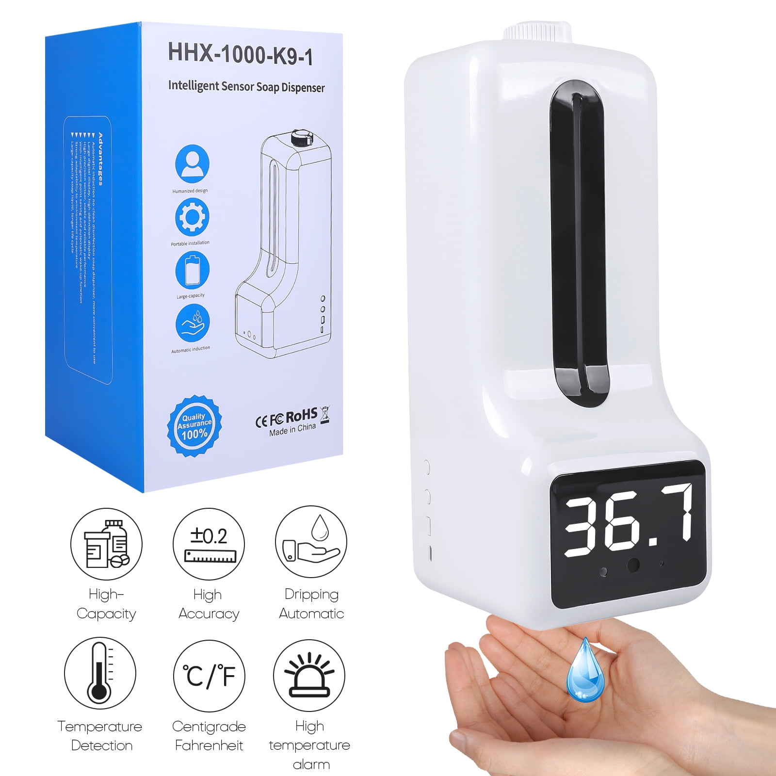 Wall Mount Thermometer Soap Dispenser Non-Contact Infrared Temperature Measure 