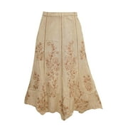 Mogul Women's Indian Peasant Skirt Beige Floral Embroidered Long Skirts