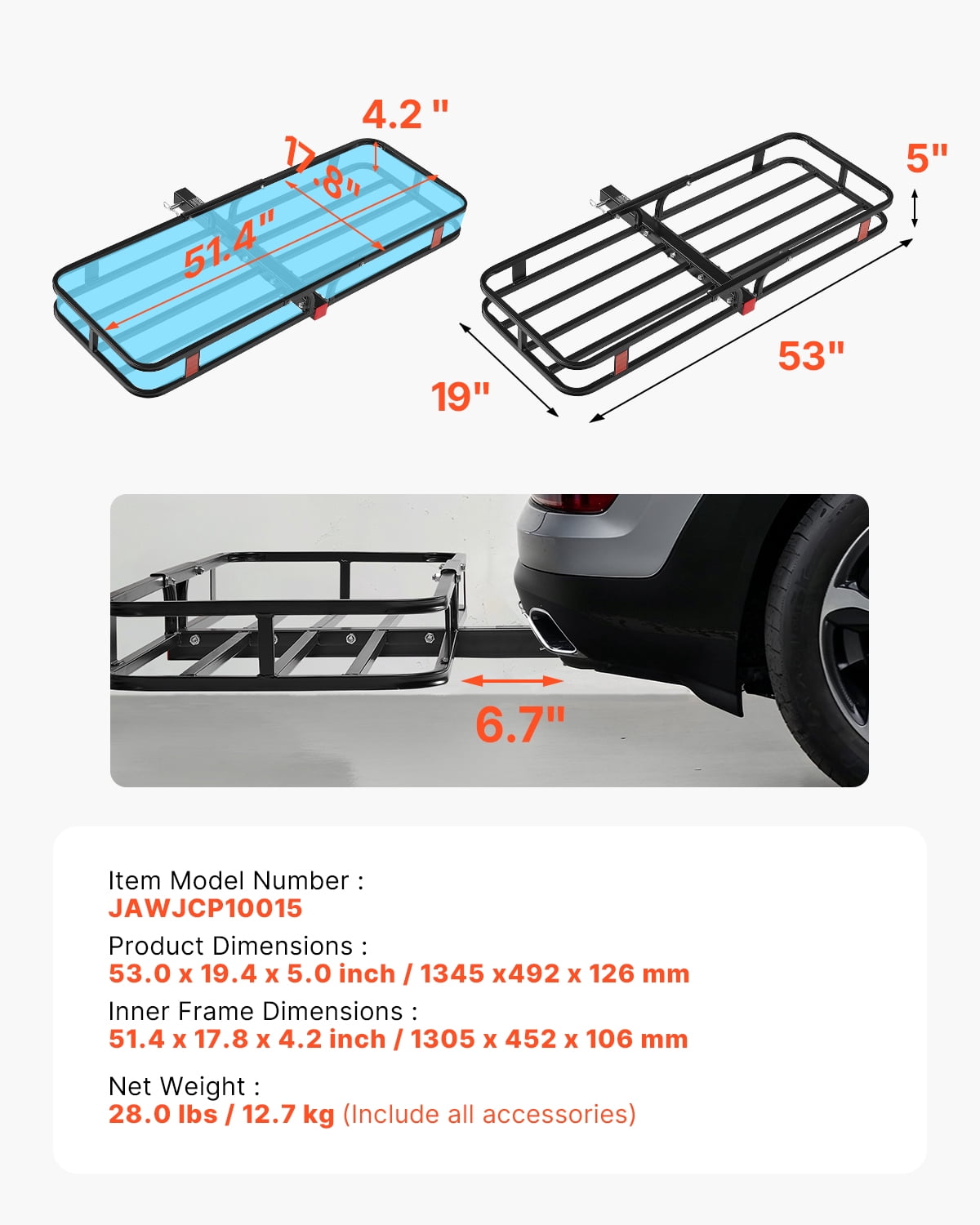 VEVOR 53" x 19" x 5", Hitch Cargo Carrier, 500 lbs Capacity Hitch Cargo Carrier with Hitch Stabilizer & Ratchet Straps