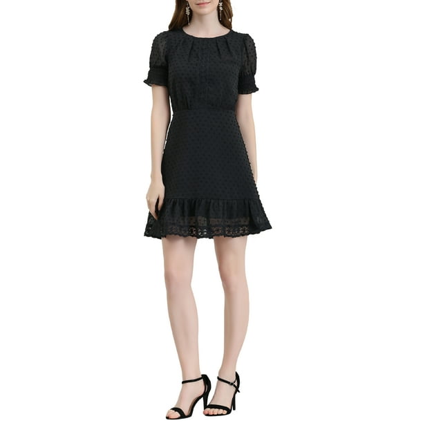 INSPIRE CHIC Vestido de Fiesta Corto con Mangas Abullonadas y Volantes en A Negro