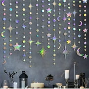 Iridescent Star Moon Circle Dot Garland Party Decoration Kit Hanging Crescent and Twinkle Little Star Streamer Bunting Banner for Kids First Birthday Ramadan EID Mubarak Baby Shower Wedding Decor