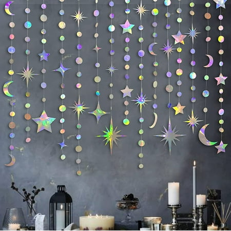 Iridescent Star Moon Circle Dot Garland Party Decoration Kit Hanging Crescent and Twinkle Little Star Streamer Bunting Banner for Kids First Birthday Ramadan EID Mubarak Baby Shower Wedding Decor