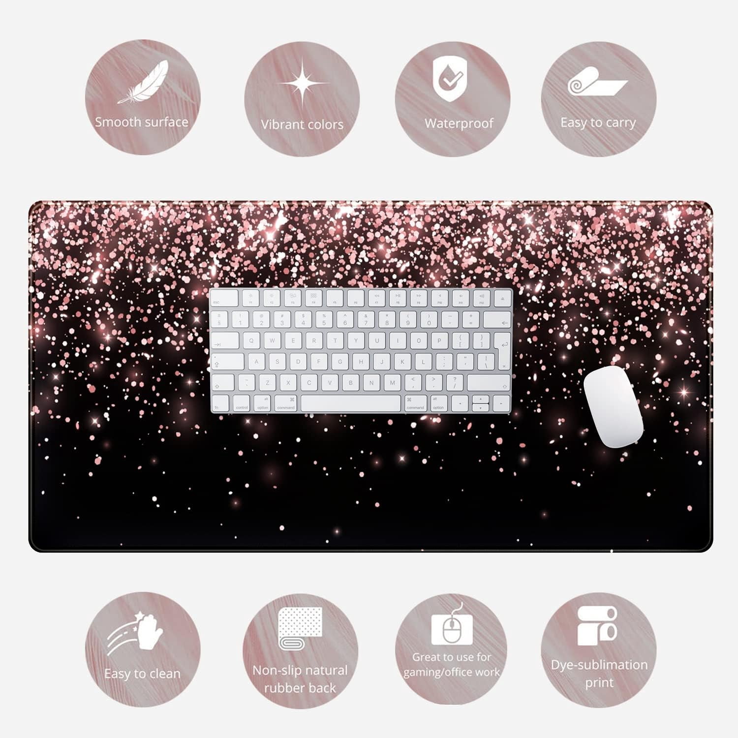 Rose Gold Glitter Black Desk Mat Extended Mouse Pad XXL Office Desk 31.5x15.7 in Accessories for Women Girl Gamer Full Desk Large Gaming XXL Mousepad Laptop Computers Keyboard Office Mouse Mat