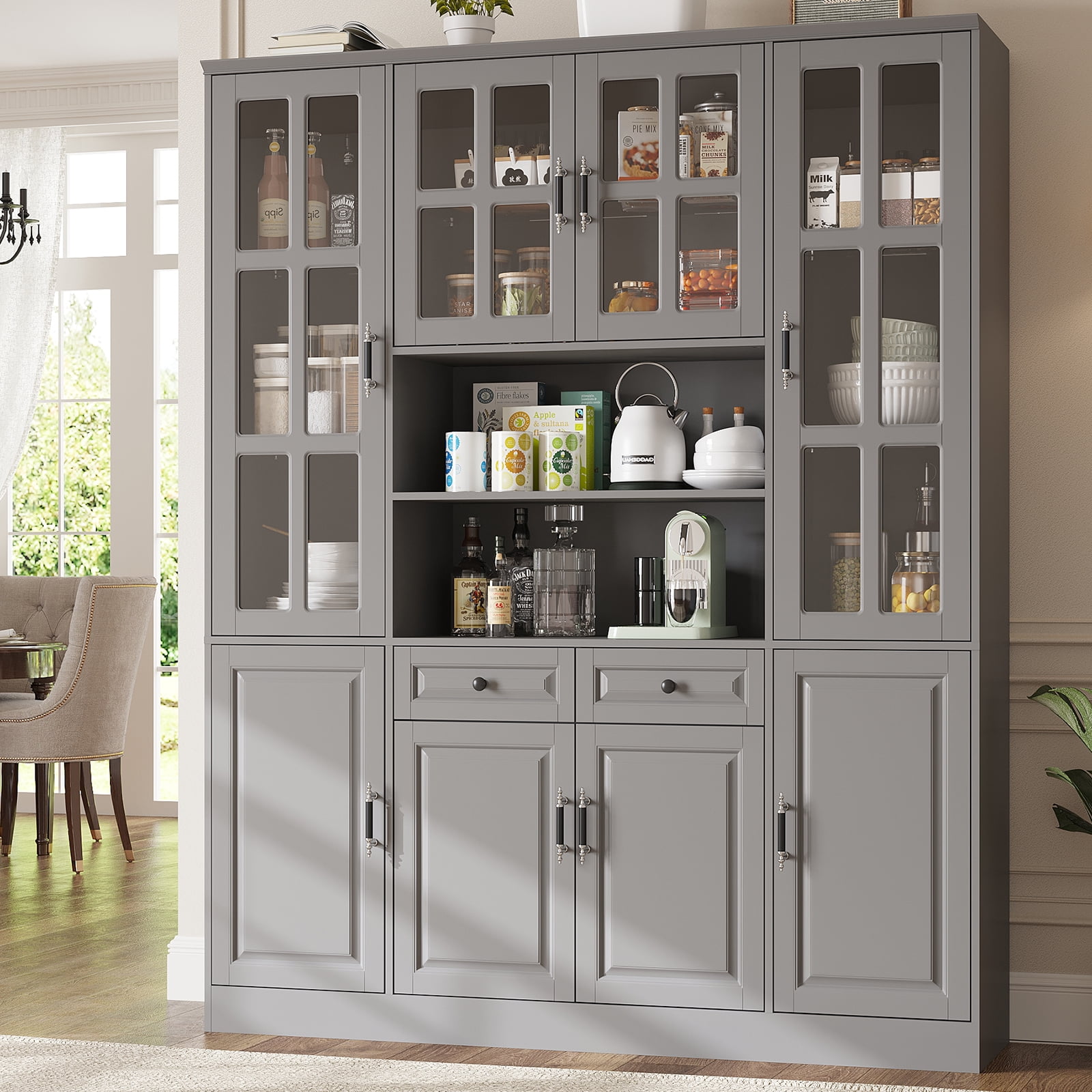 MEISSALIVVE 78.7" Kitchen Pantry Cabinet with Glass Doors & LED Lights, Freestanding Storage Hutch with Shelves, Gray Pantry Cupboard, 62.99" W x 15.7" D